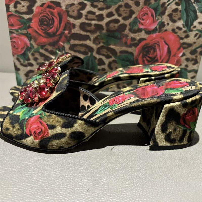 Leopard Print Heels - Leopard Rose Print Rhinestone Flower Block