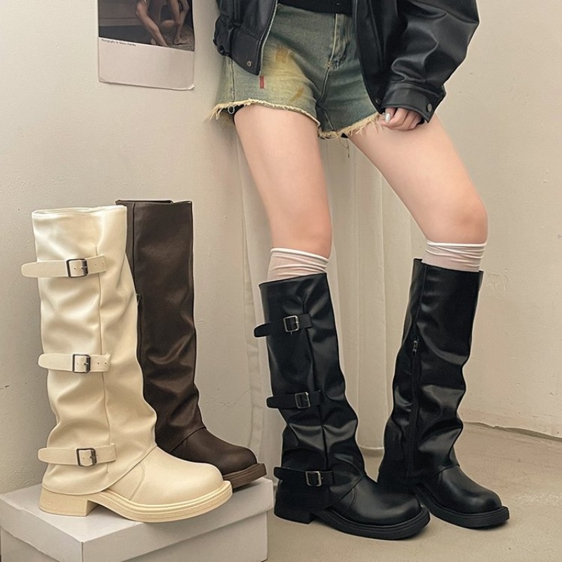 Suede Ankle Boot - Pleated Buckle Knight Boots for Women